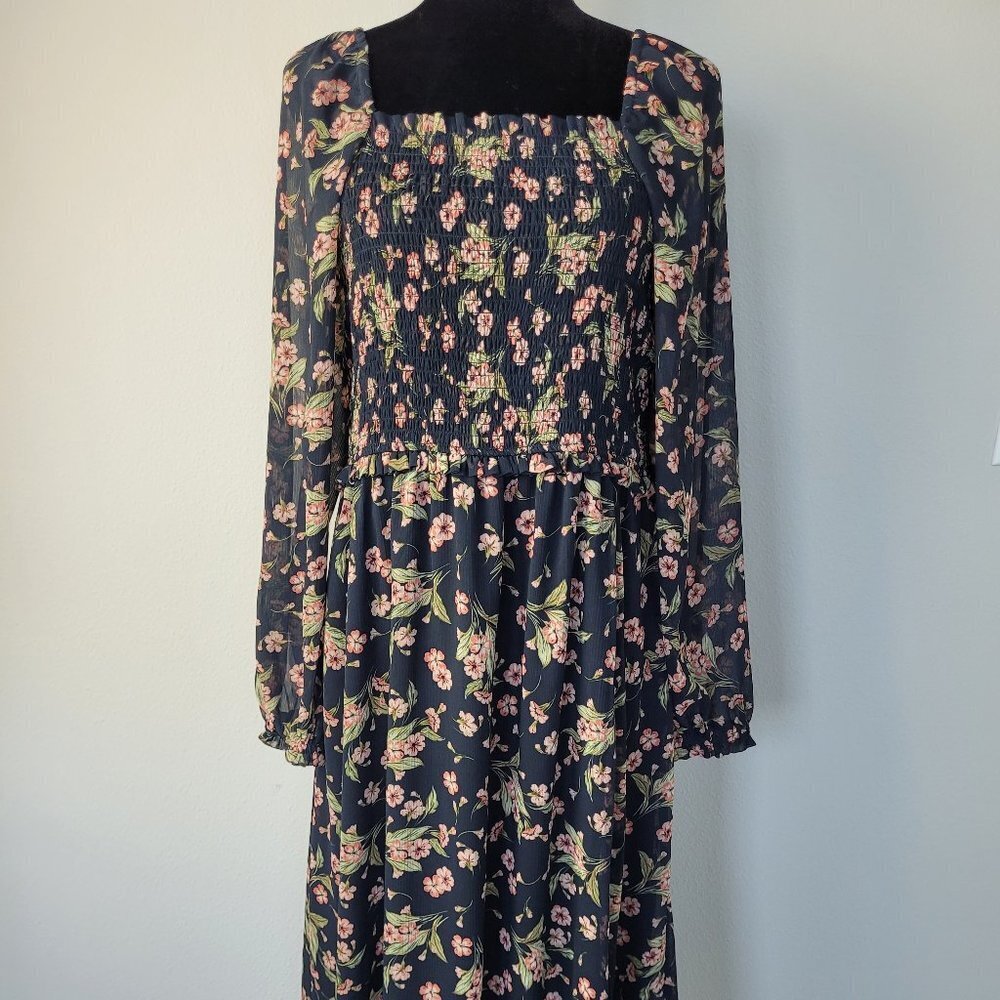 ✅ NWT 1.State black floral maxi dress smoked waist square neck size L - Picture 11 of 13